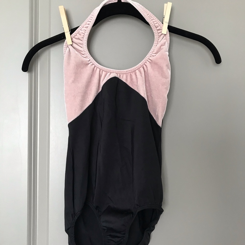 Rose velvet and black nylon halter leotard